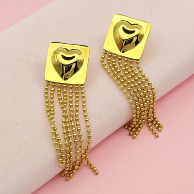 Gold Plated Long Tassel Heart Earring